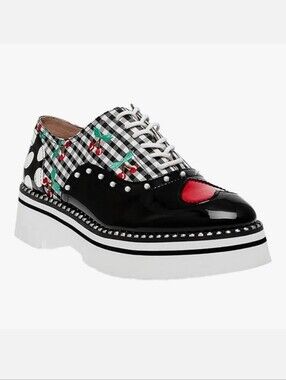 Betsey Johnson Abbott Oxford Shoes Cherry Gingham Polka Dot Pearls Retro 6.5